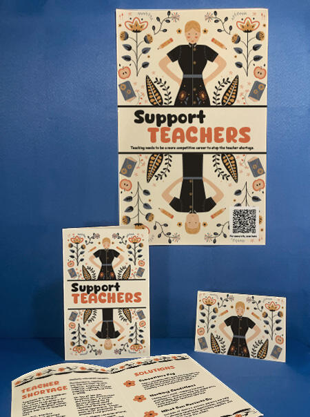 A mockup of a poster, brochure, and postcard that all have a symmetrical illustration of two teachers in a folk-art style and the words Support Teachers.