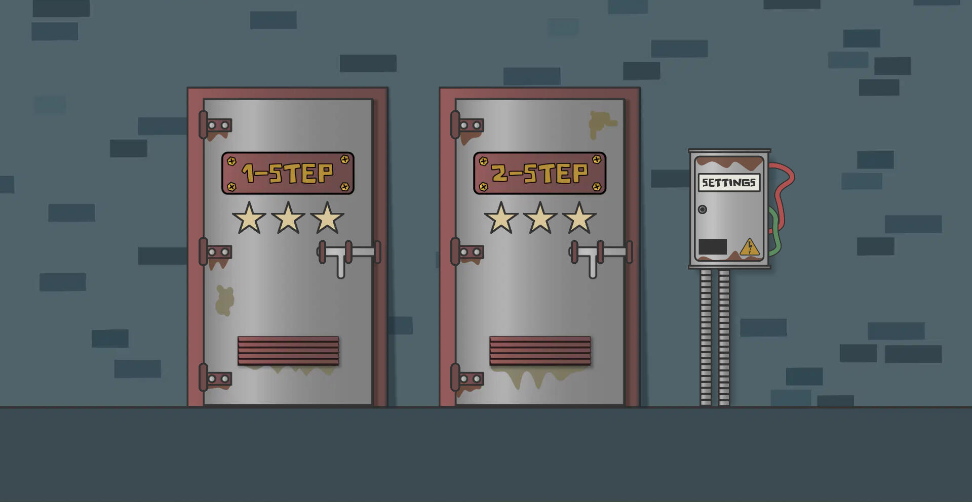 A screenshot of Function Factory's menu shows two doors labeled "1-Step" and "2-Step." On the right, there is a control panel labeled "Settings."