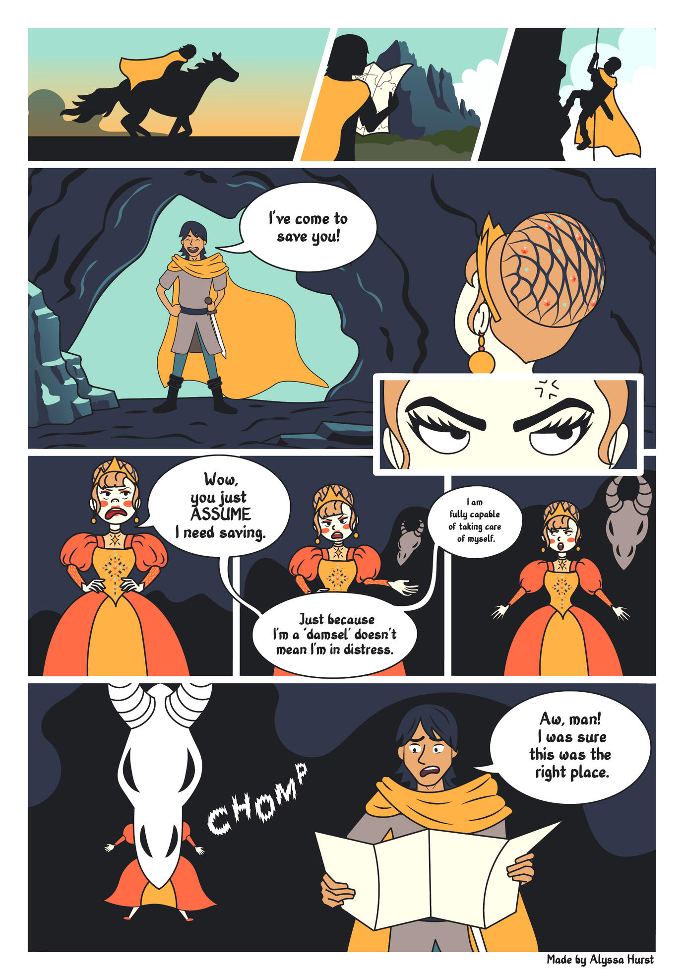 A comic showing a prince traveling far to rescue a princess. The princess is offended and says she doesn't need his help. She is promptly eaten by a monster.