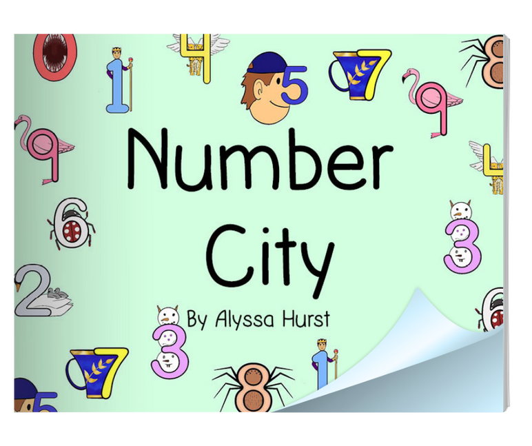 A picture book with "Number City " as the title. The title is surrounded by illustrations of different characters made from numbers.